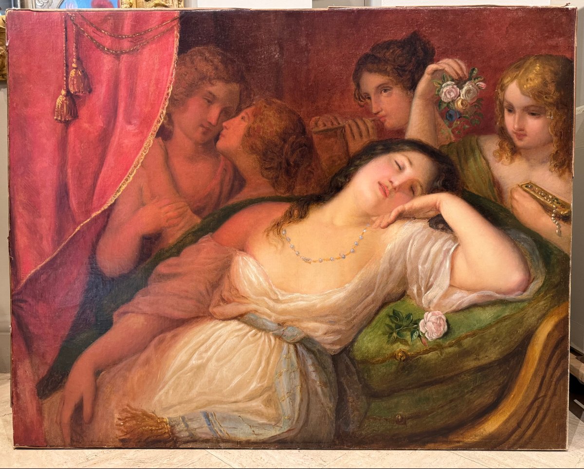 "Jeune femme alanguie sur une récamier". Ecole romantique Italienne, vers 1840. 