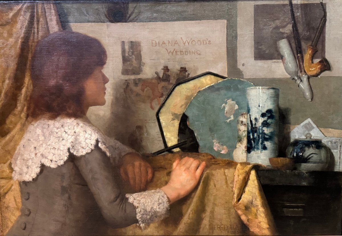 "Jeune femme devant un intérieur japonisant", huile sur toile, F.HALL, 1885-photo-2