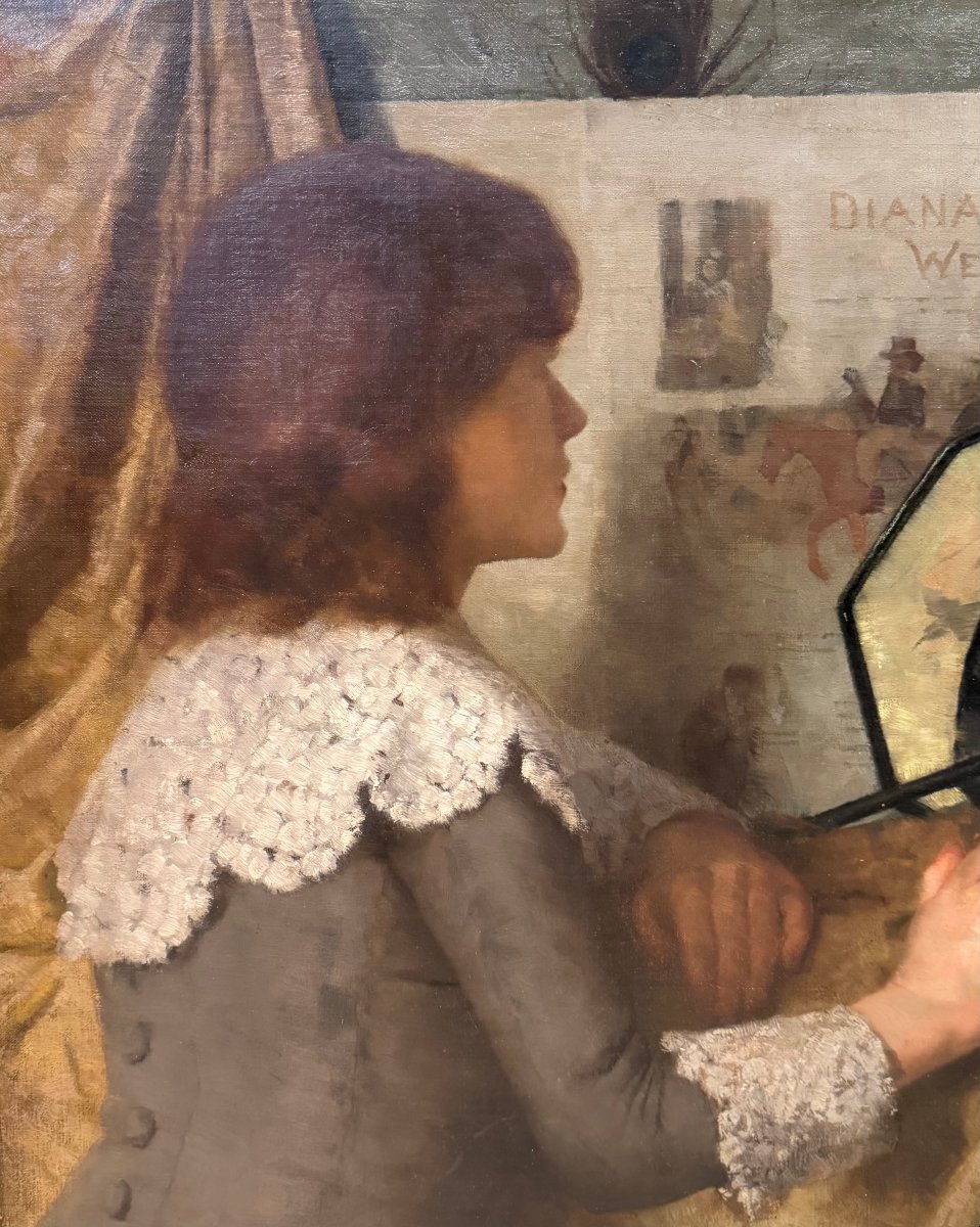 "Jeune femme devant un intérieur japonisant", huile sur toile, F.HALL, 1885-photo-4