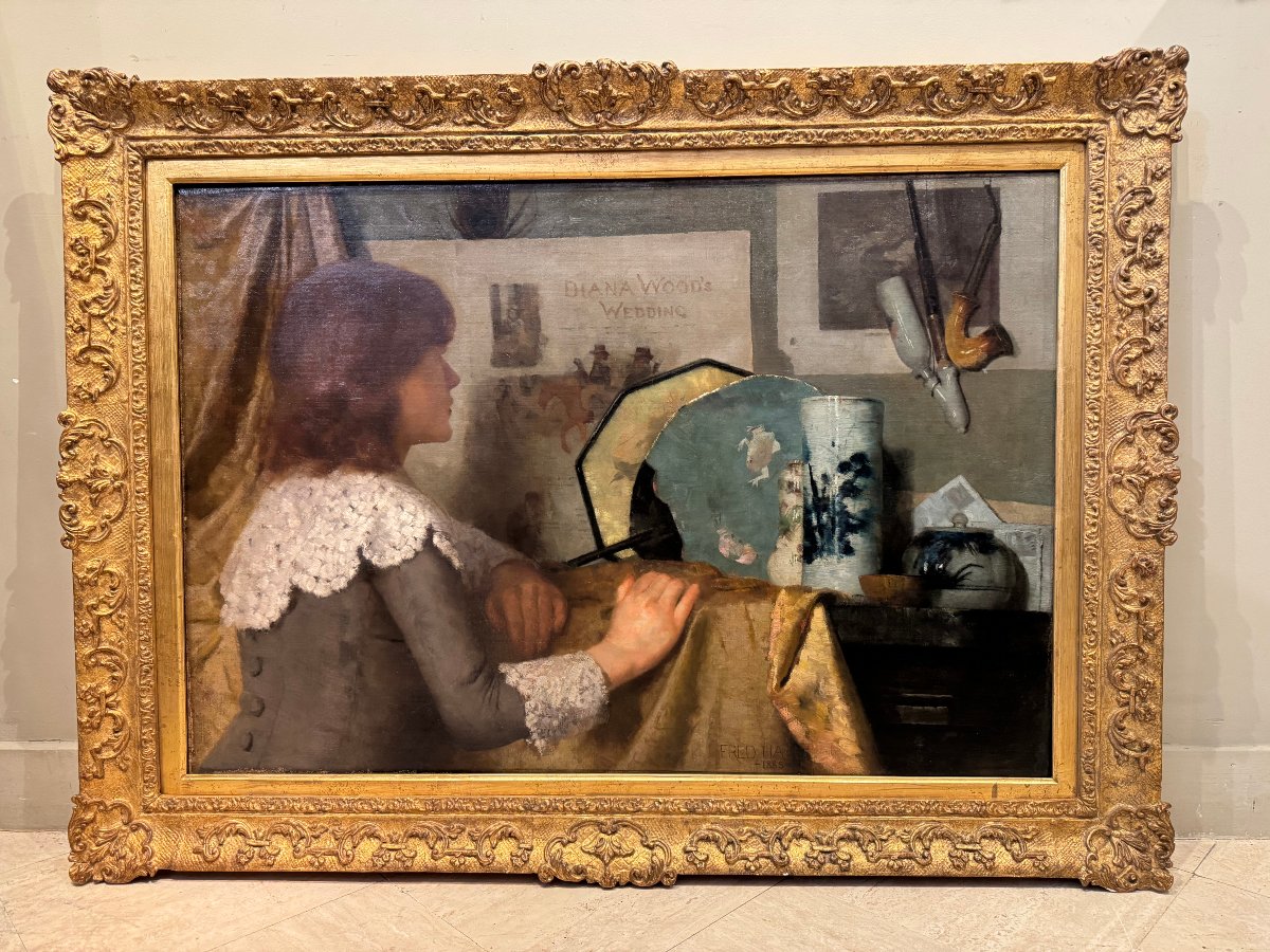 "Jeune femme devant un intérieur japonisant", huile sur toile, F.HALL, 1885-photo-5