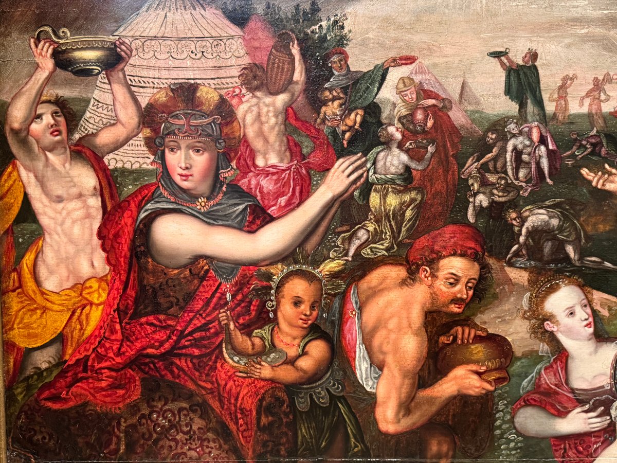 "Les Israelites recevant la manne", huile sur panneau, Flandres,fin 16e s.-photo-1