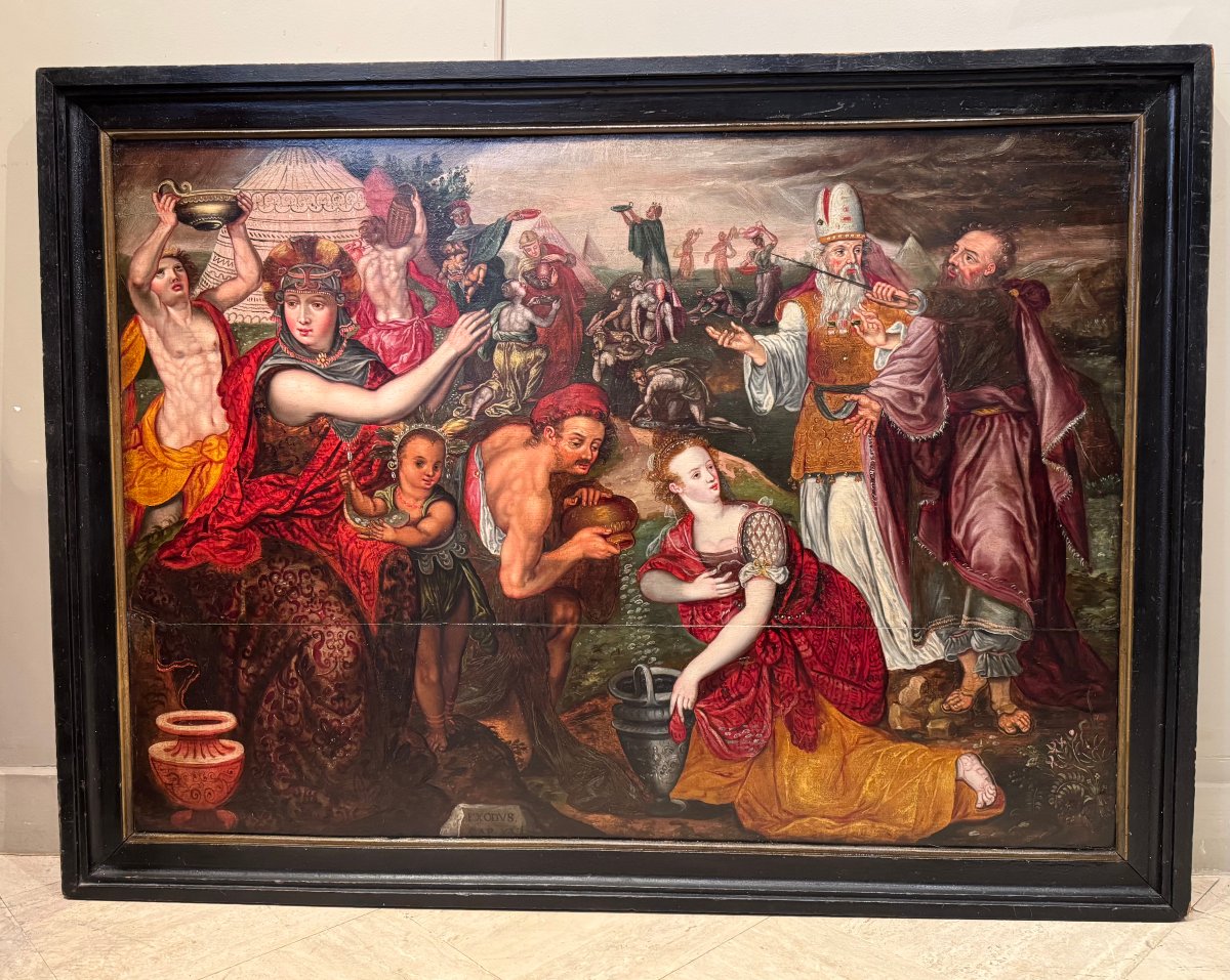 "Les Israelites recevant la manne", huile sur panneau, Flandres,fin 16e s.