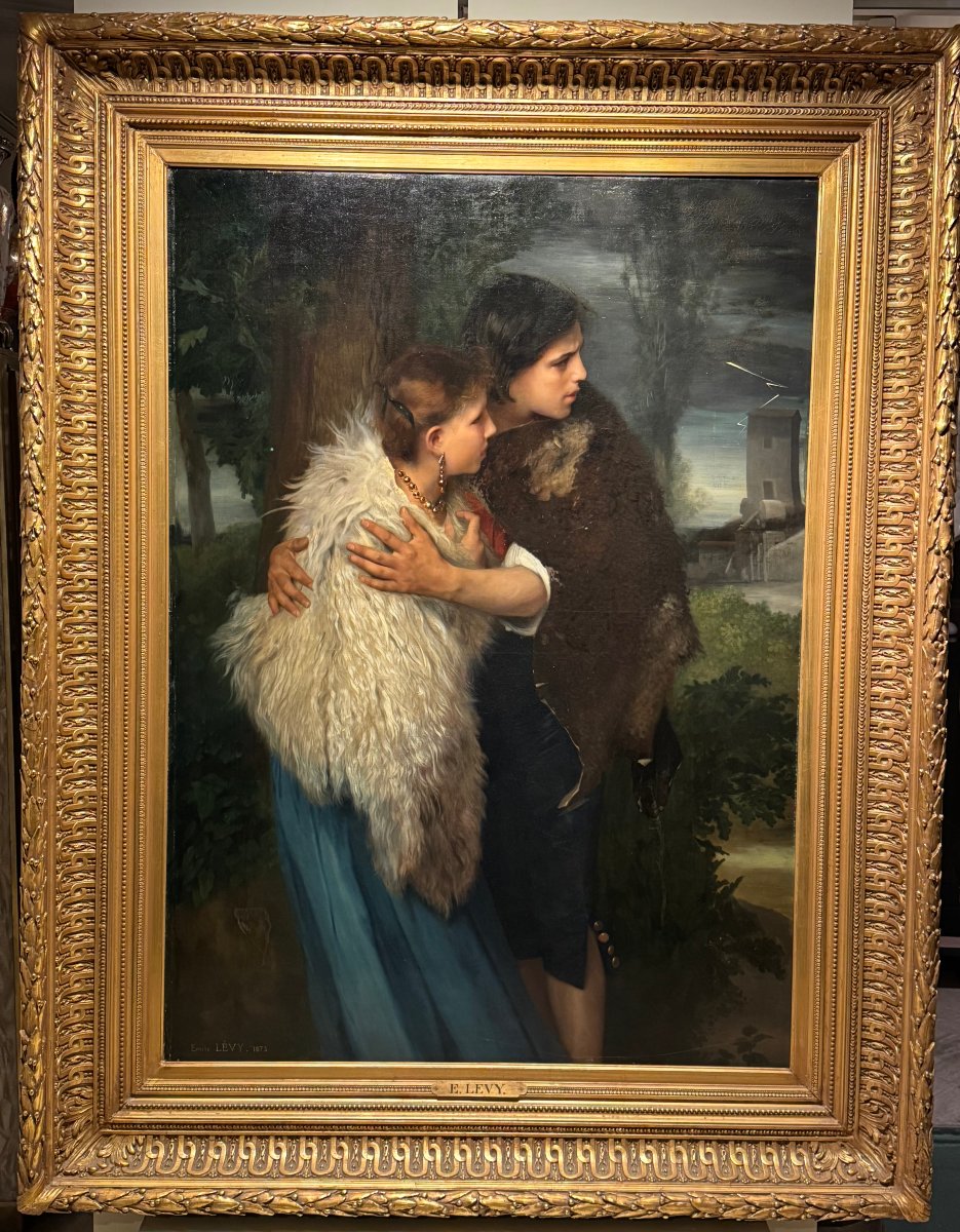 "a Shepherd Protecting A Young Woman From The Storm," Painting By Emile Levy, 1873-photo-3