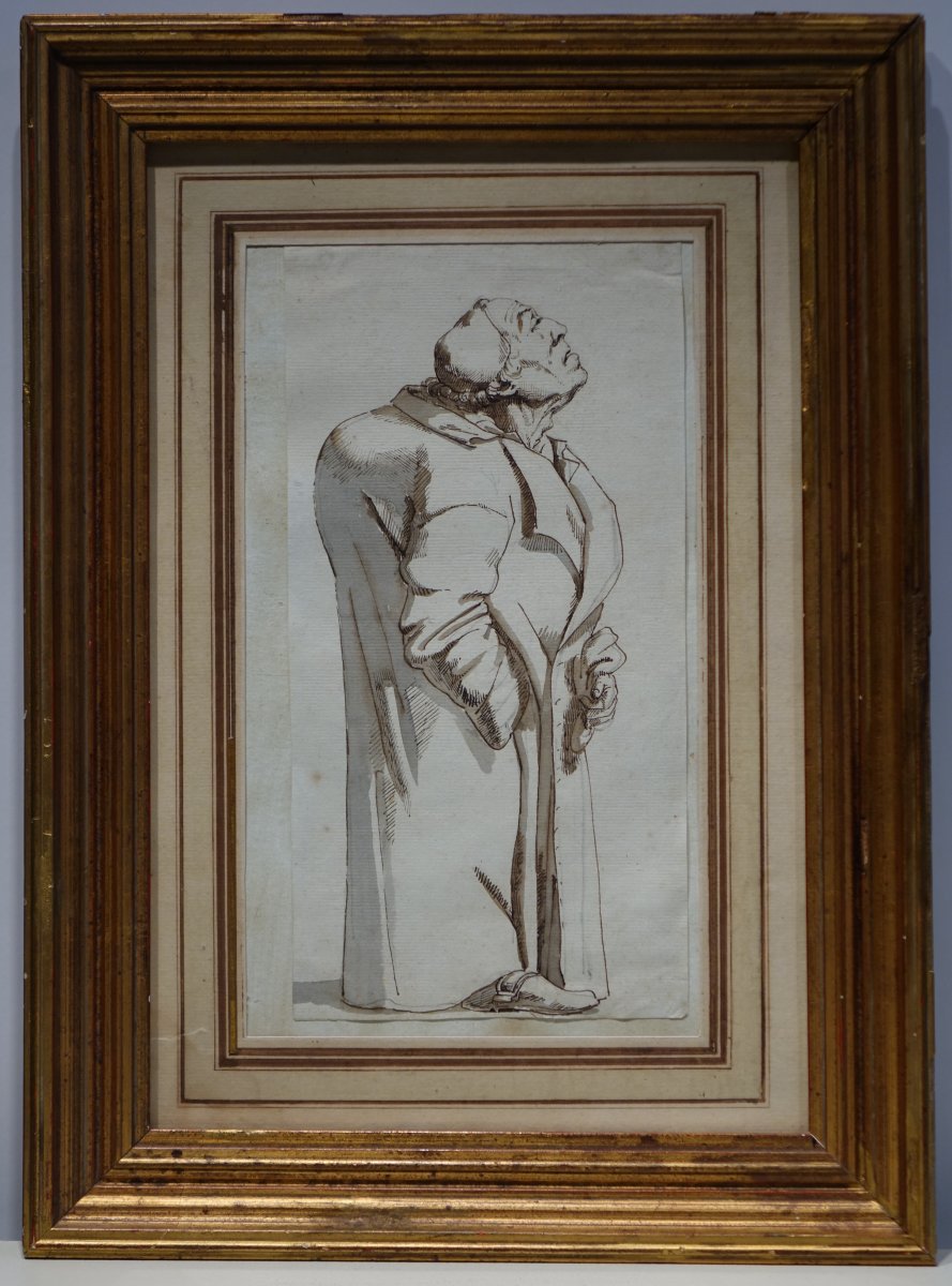 Drawing In Brown Ink Representing A Hunchback, Attributed To Ghezzi, Rome, 18th C.