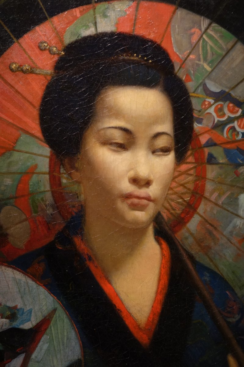 Young Japanese Woman Holding A Fan, Hst Signed F. Lafon, 1875-photo-2