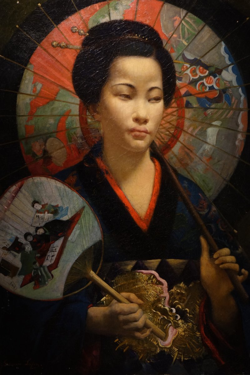 Young Japanese Woman Holding A Fan, Hst Signed F. Lafon, 1875
