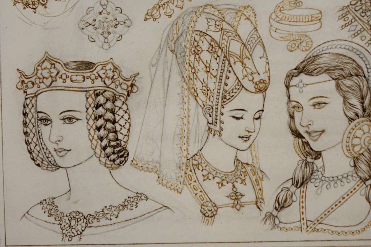 Portraits Of 14 Queens Or Empresses, Brown Ink And Sepia, Signed Herouard, Around 1925.-photo-4