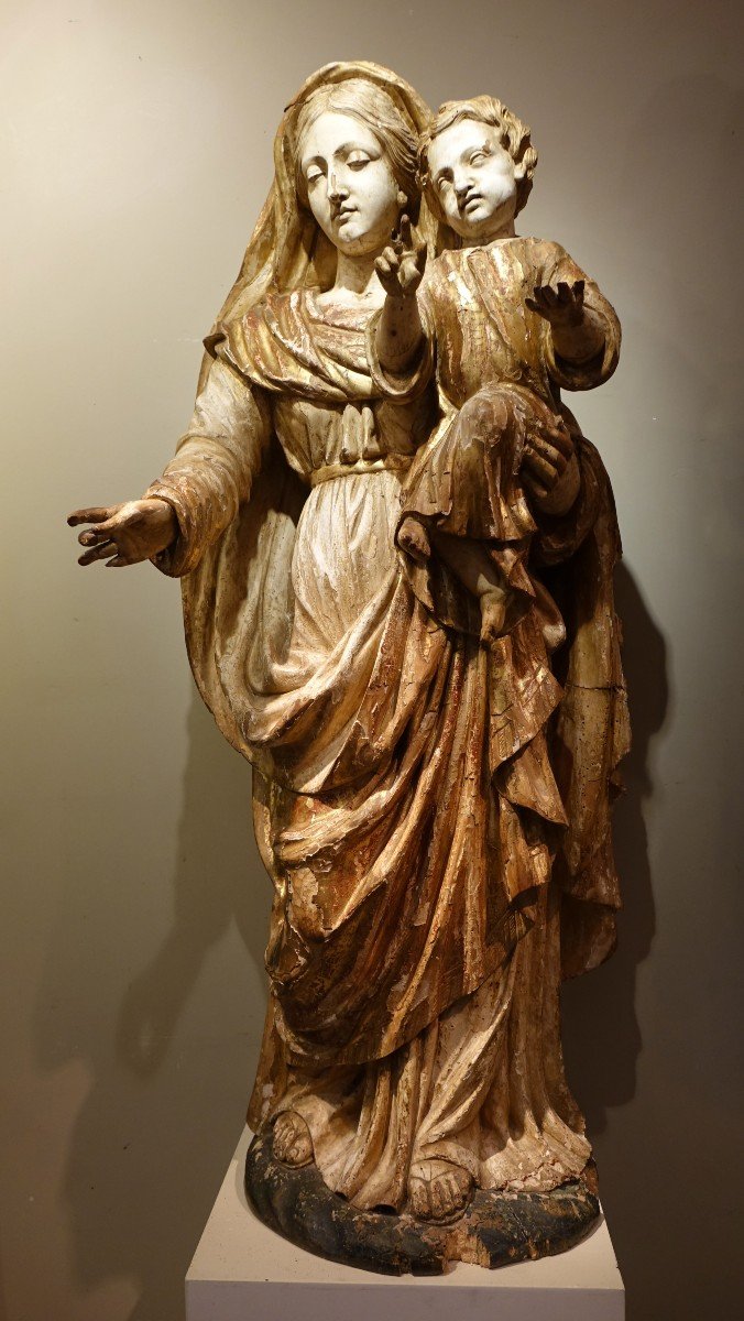 Grande Vierge à l'Enfant En Bois Sculpté, France, 17e S.