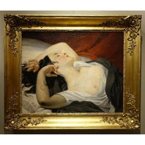 "Jeune femme alanguie", huile sur toile, France, vers 1830-1840