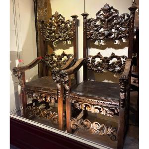 Very Large Pair Of Armchairs, Italy, Tuscany, 17th C.