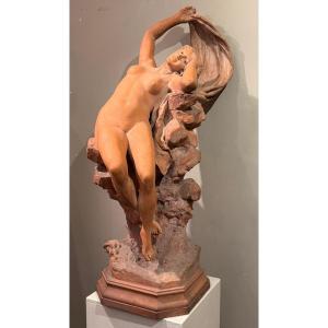 Jeune naïade sur un rocher, terre cuite , A.FRAGONARD, vers 1880