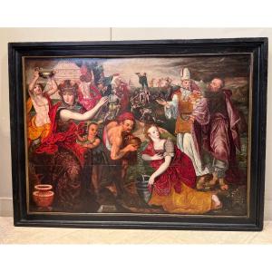 "Les Israelites recevant la manne", huile sur panneau, Flandres,fin 16e s.
