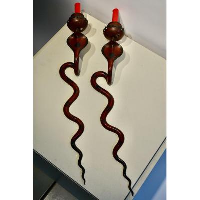 Pair Of Two Bronze  Enamel Wall Sconce, Representing Cobras ,england,19e S.