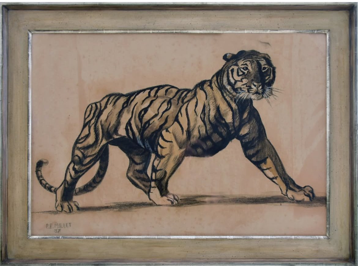 Art Deco, Early 20th Century, Pe Millet, Tiger, Charcoal And Gouache On Paper-photo-1