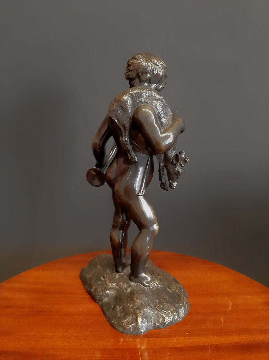 Putto Avec Corne Et Chevreuil, Bronze Patiné, 19ème Siècle-photo-2