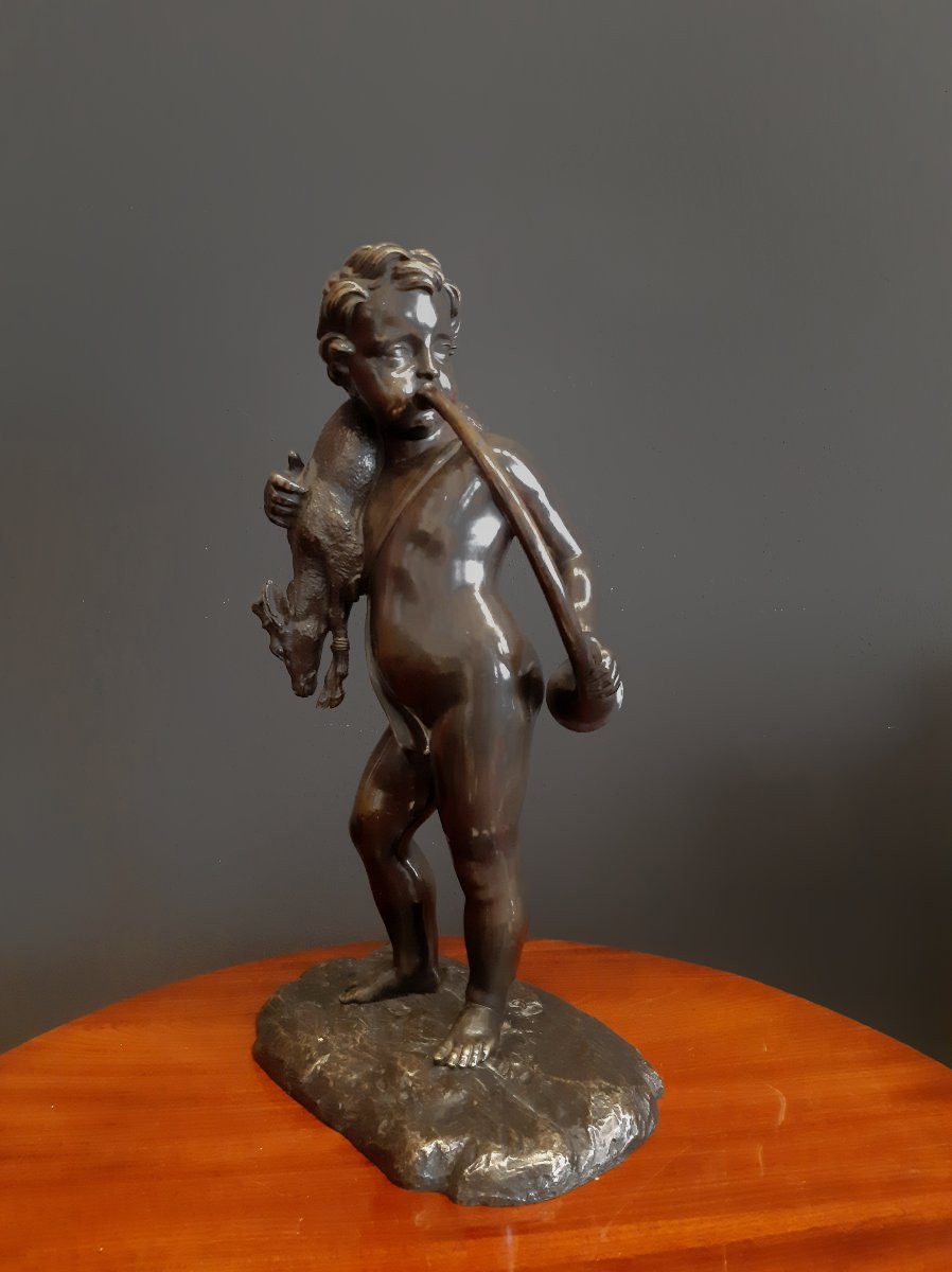 Putto Avec Corne Et Chevreuil, Bronze Patiné, 19ème Siècle-photo-3