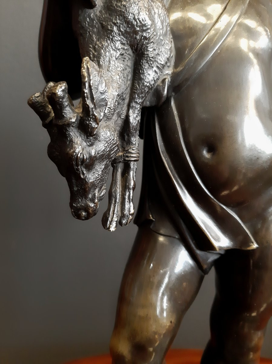 Putto Avec Corne Et Chevreuil, Bronze Patiné, 19ème Siècle-photo-5