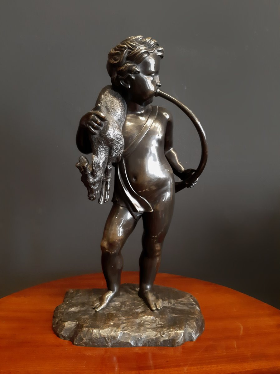 Putto Avec Corne Et Chevreuil, Bronze Patiné, 19ème Siècle-photo-7