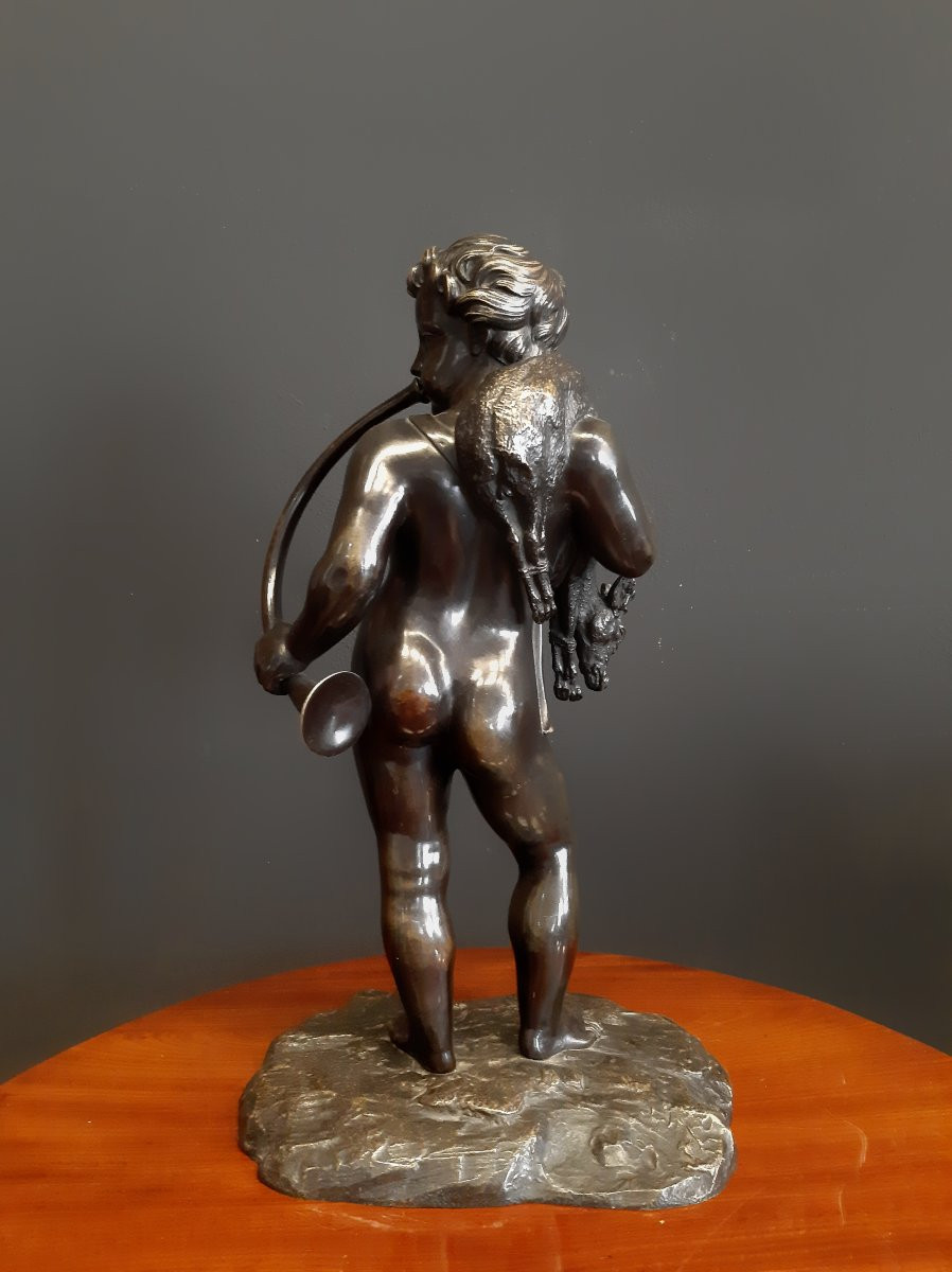 Putto Avec Corne Et Chevreuil, Bronze Patiné, 19ème Siècle-photo-8