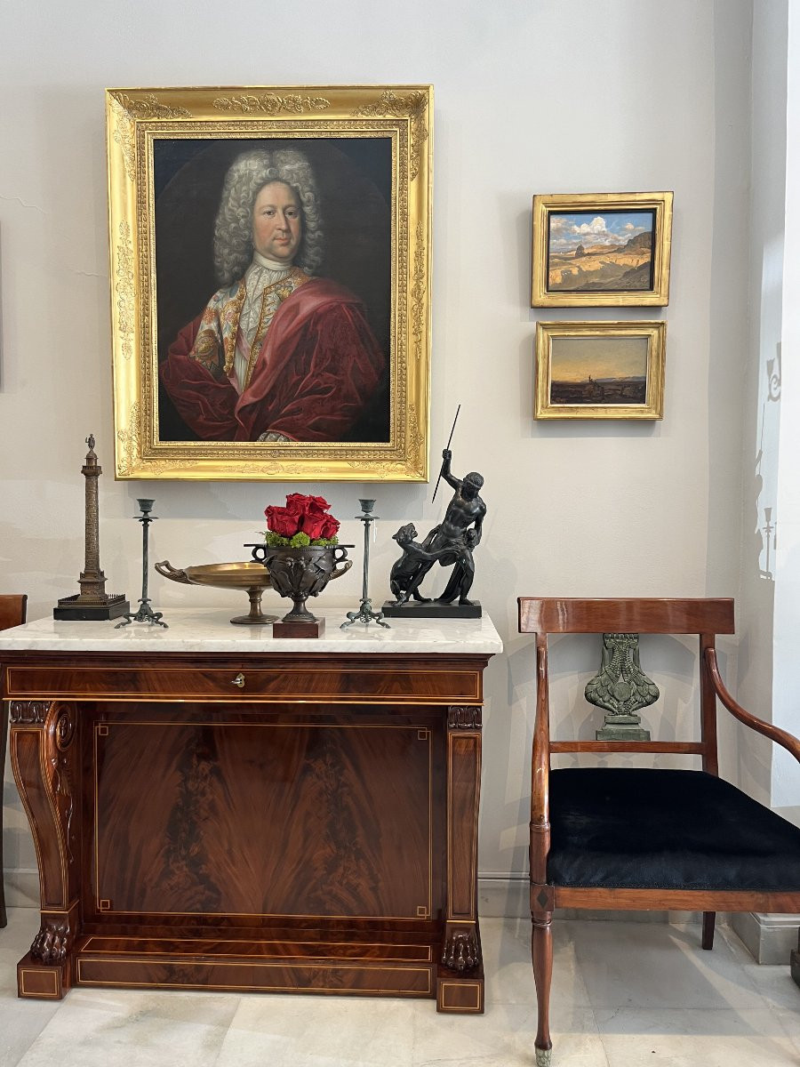 Pair Of Console Tables, Charles X, Mahogany And Lemonwood Details, Marble Top-photo-2