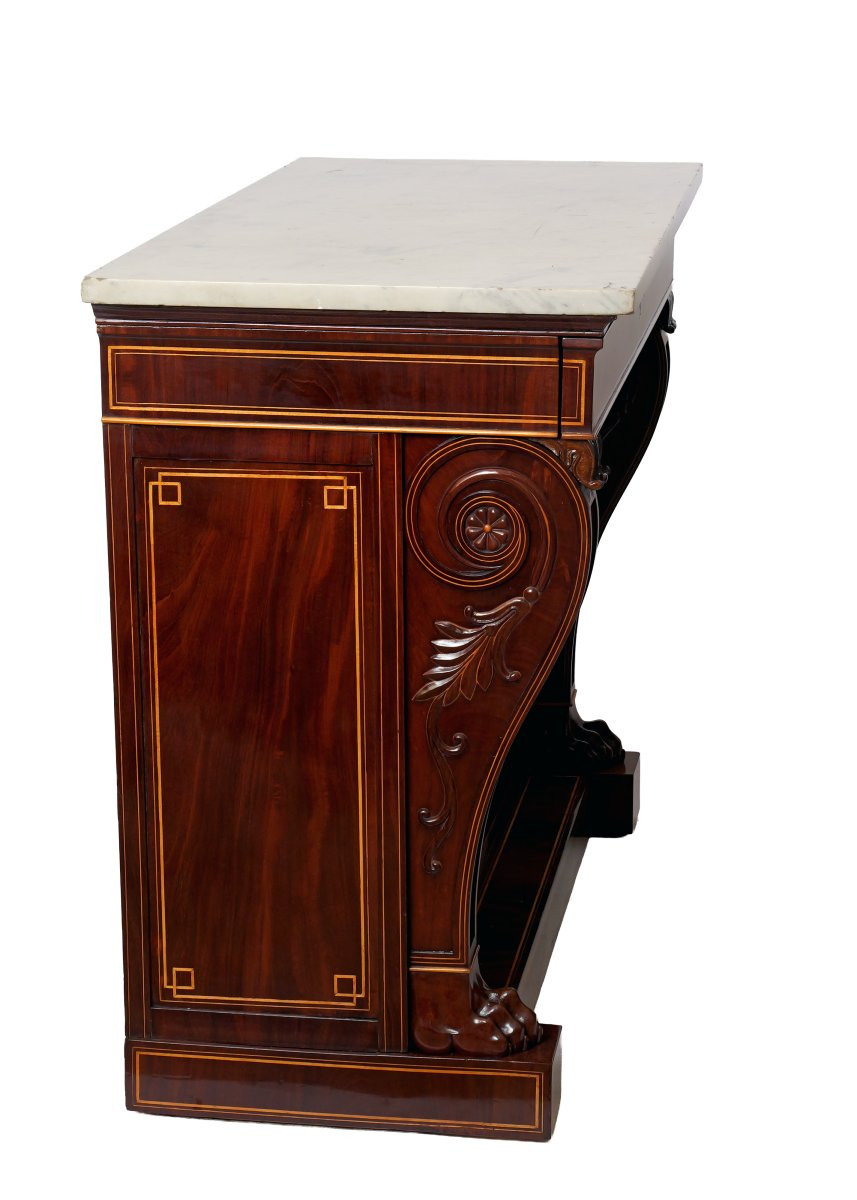 Pair Of Console Tables, Charles X, Mahogany And Lemonwood Details, Marble Top-photo-3