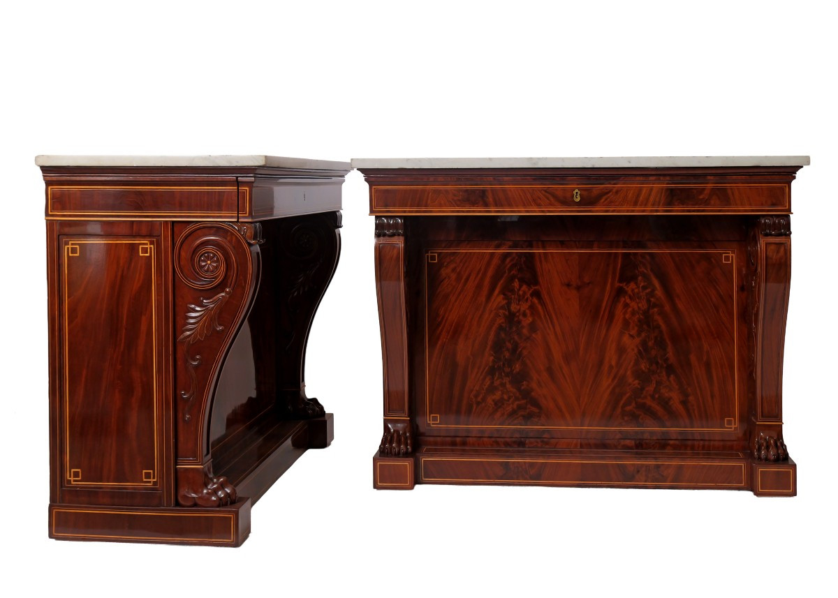 Pair Of Console Tables, Charles X, Mahogany And Lemonwood Details, Marble Top-photo-4