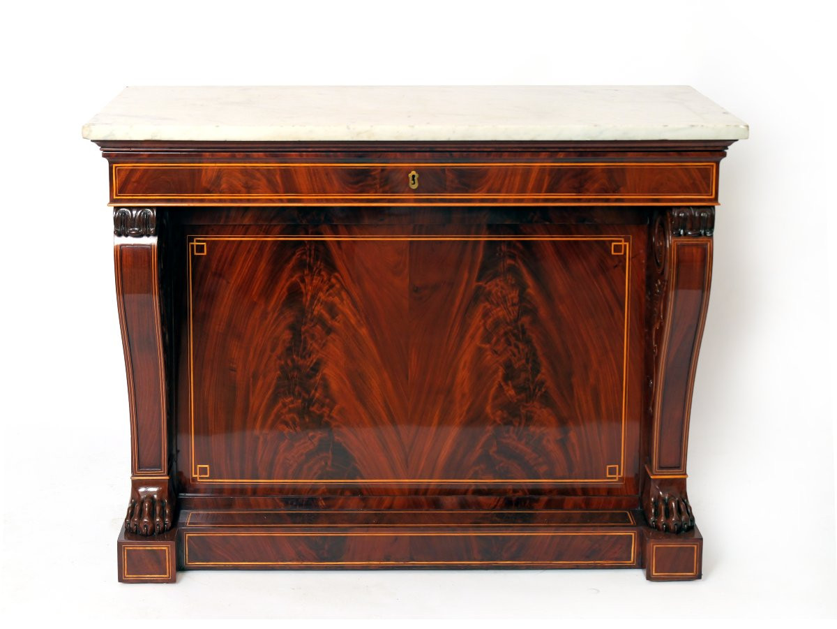 Pair Of Console Tables, Charles X, Mahogany And Lemonwood Details, Marble Top-photo-1