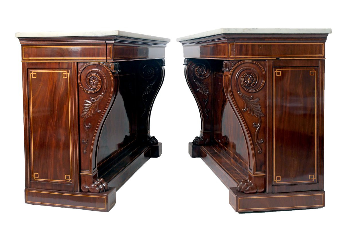 Pair Of Console Tables, Charles X, Mahogany And Lemonwood Details, Marble Top-photo-3