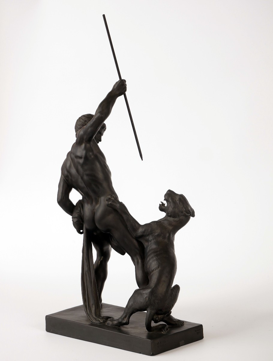 Sculpture en terre cuite du XIXe siècle, Chasseur de panthères, Danemark, Jerichau/p.ipsen-photo-2