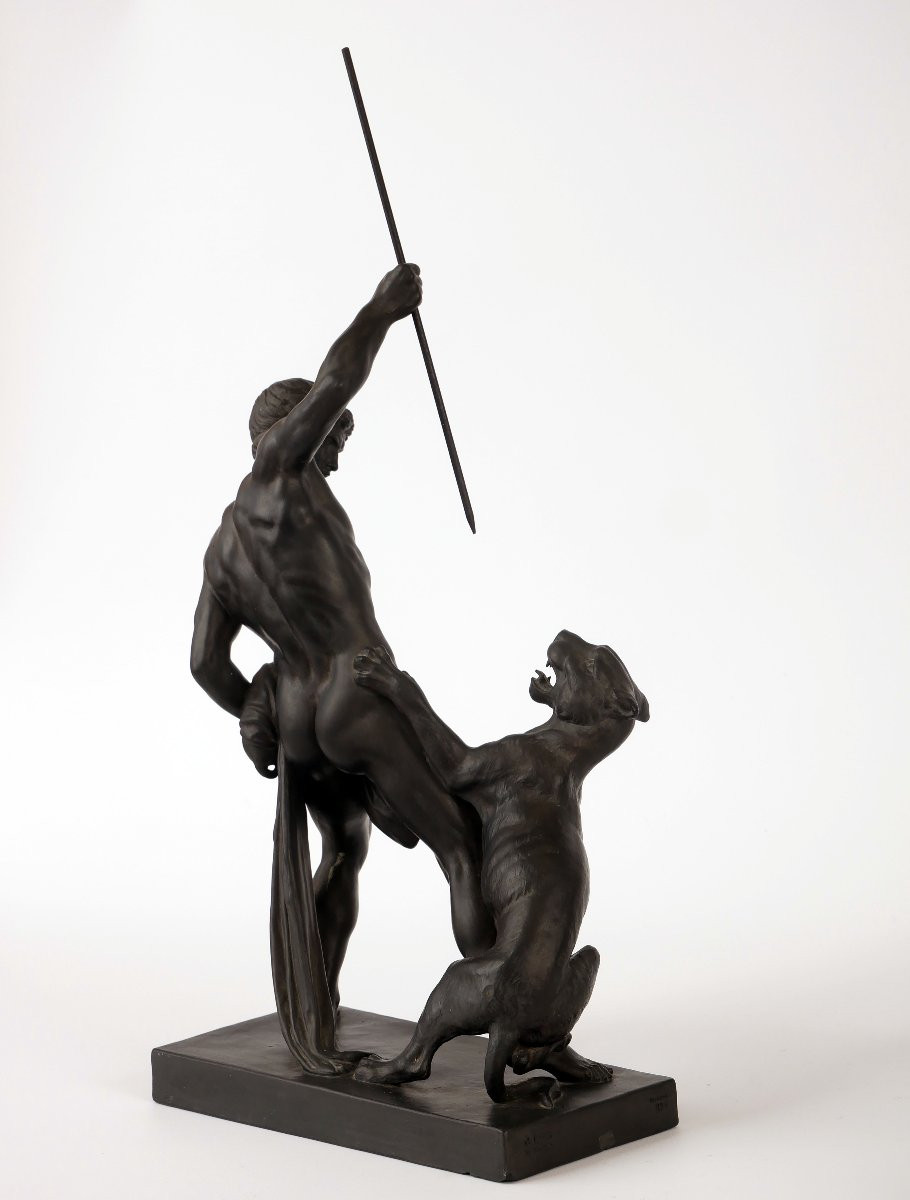 Sculpture en terre cuite du XIXe siècle, Chasseur de panthères, Danemark, Jerichau/p.ipsen-photo-1