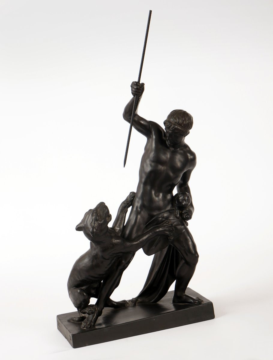 Sculpture en terre cuite du XIXe siècle, Chasseur de panthères, Danemark, Jerichau/p.ipsen-photo-3