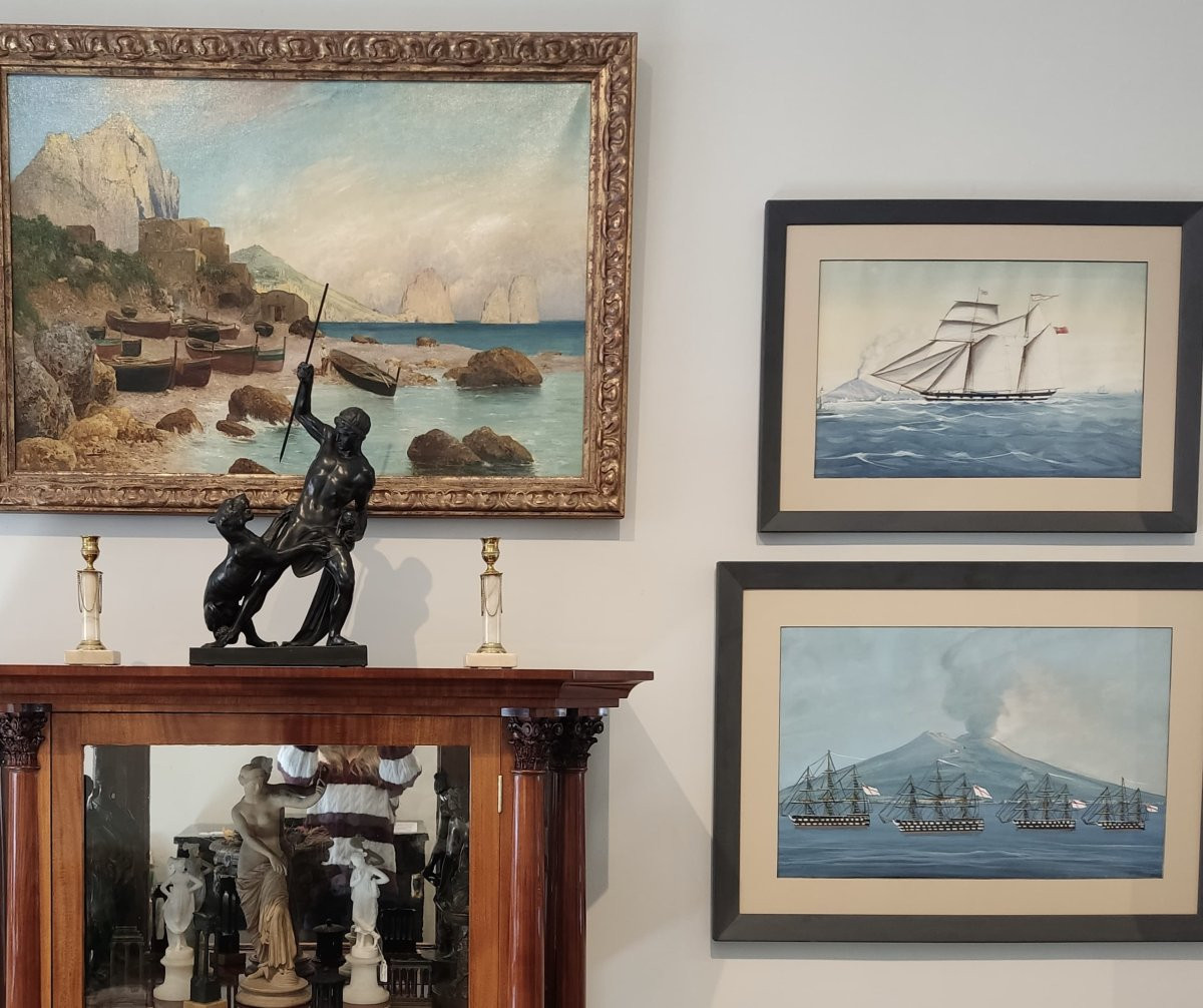 Naviguer sur le golfe de Naples, Italie XIXe siècle, Gouache-photo-4