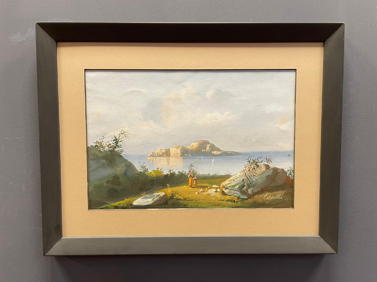 19th-century Gouache, Rocky Islet Off The Coast, Italian Mediterranean 