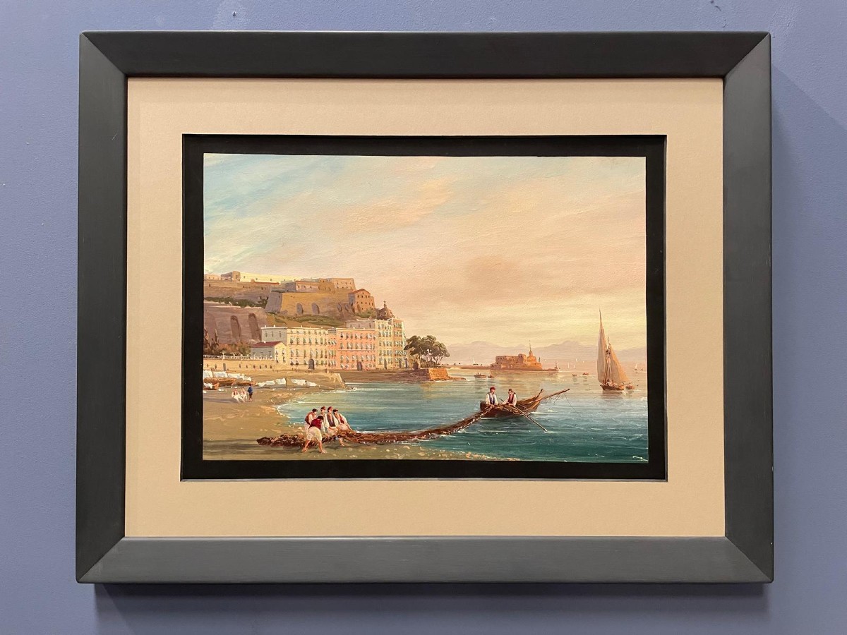 19th-century Port Scene With Fishermen, Italian Mediterranean Coast, Gouache