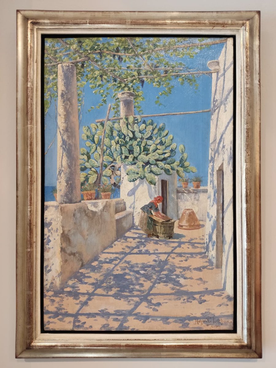 Jerichau - Pergola à Capri avec une lavandière, huile, fin du XIXe siècle-photo-3