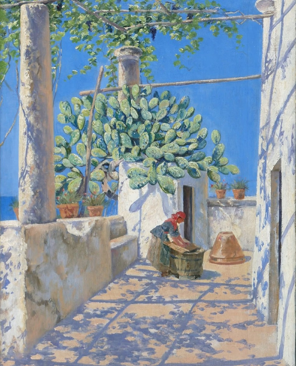 Jerichau - Pergola à Capri avec une lavandière, huile, fin du XIXe siècle