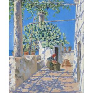 Jerichau - Pergola In Capri With A Washerwoman, Oil Painting, Late 19th Century