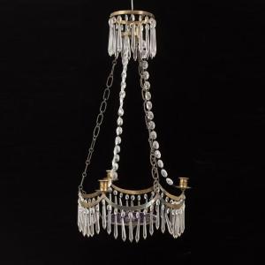 Swedish Salon Chandelier, Crystal, Blue Glass And Brass, Stockholm, Circa 1800