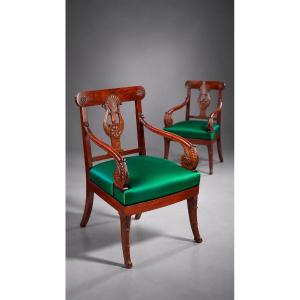 Pair Of Mahogany Russian Empire Chairs, With Lyre-shaped Carved Backs, Circa 1810