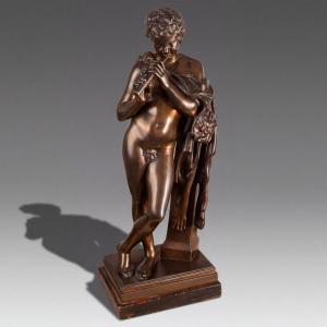 Young Faun Playing The Flute – 19th-century Classical Sculpture In Bronzed Zinc