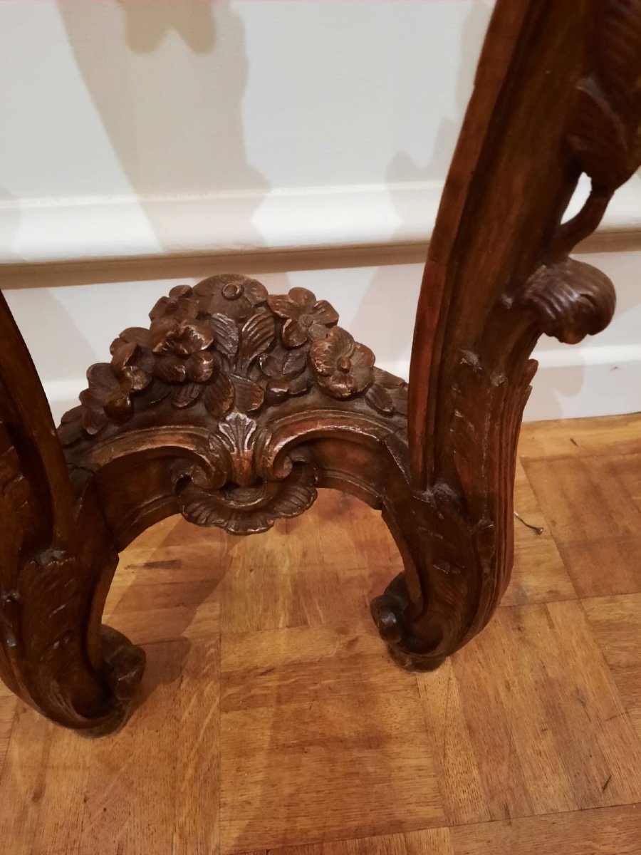 Small Console Table Between Two, Louis XV Period, 18th Century In Chiseled Oak, Breccia d'Alep Marble.-photo-1