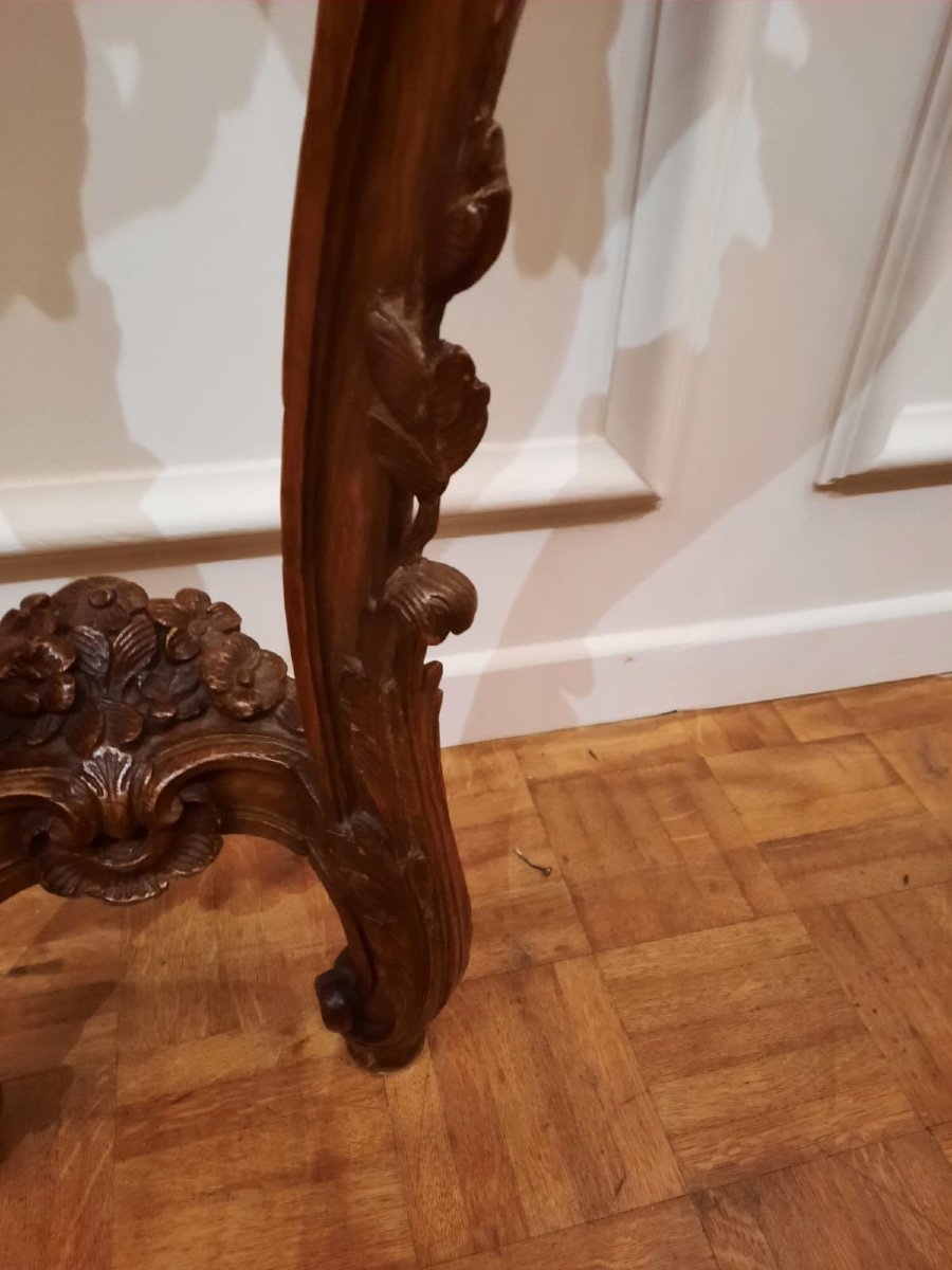 Small Console Table Between Two, Louis XV Period, 18th Century In Chiseled Oak, Breccia d'Alep Marble.-photo-4