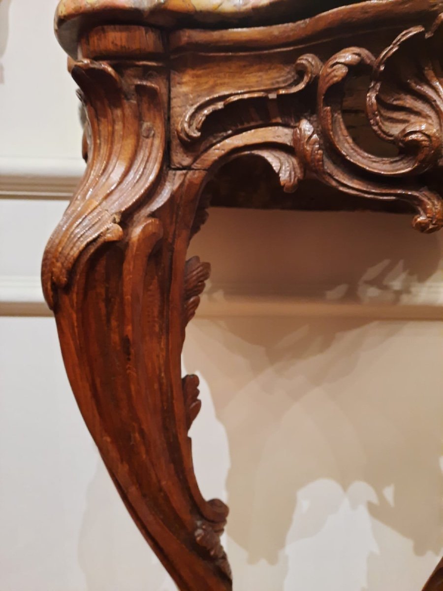 Small Console Table Between Two, Louis XV Period, 18th Century In Chiseled Oak, Breccia d'Alep Marble.-photo-5