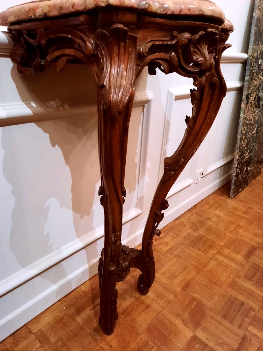 Small Console Table Between Two, Louis XV Period, 18th Century In Chiseled Oak, Breccia d'Alep Marble.-photo-6