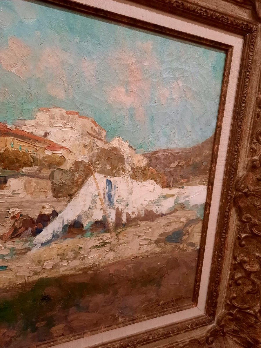 Oil On Canvas "the Washerwomen In Le Paillon In Nice" Signed J.madyol End Of The 19th Century-photo-2