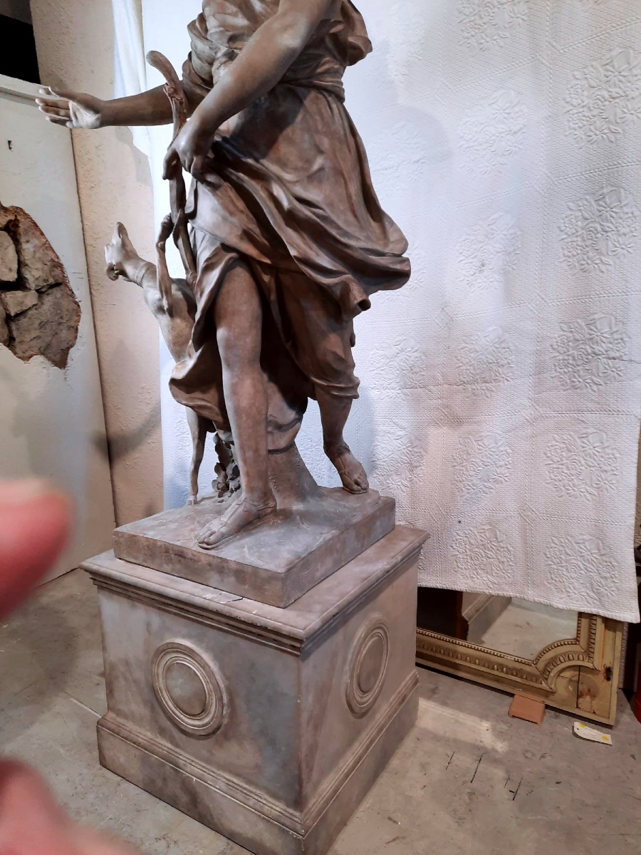 Terracotta Sculpture "diana The Huntress" From The 19th Century, After René Fremin-photo-4