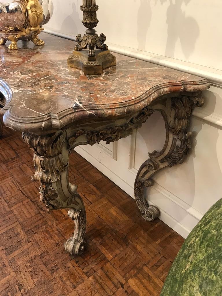 Console Italienne à Quatre Pieds Sculptée Dessus Marbre. Epoque Début XIXème Siècle-photo-6