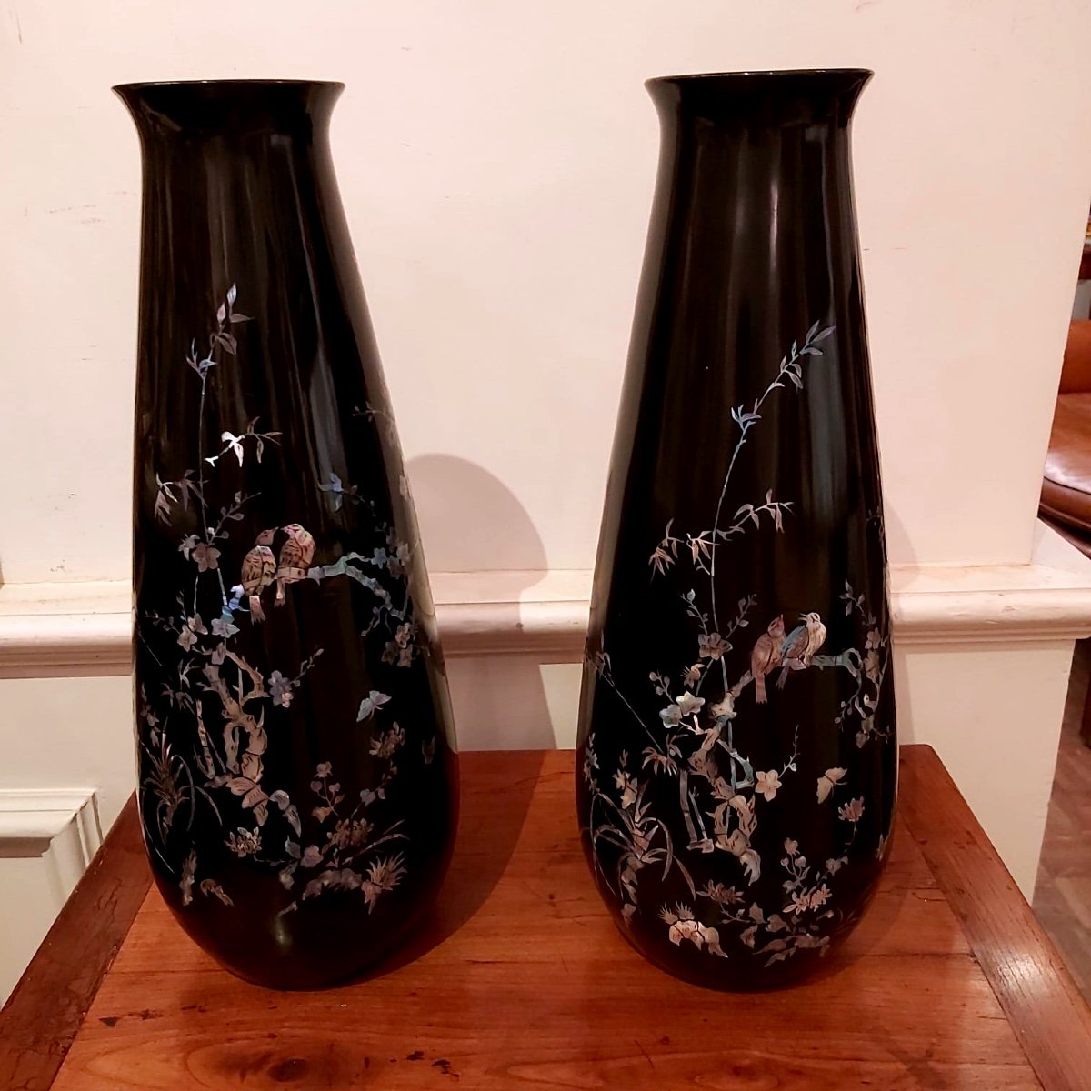 Pair Of Japanese Vases In Black Lacquer. Period 20th Century