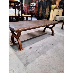 Industrial Coffee Table In Iron And Patinated Brass, 20th Century.