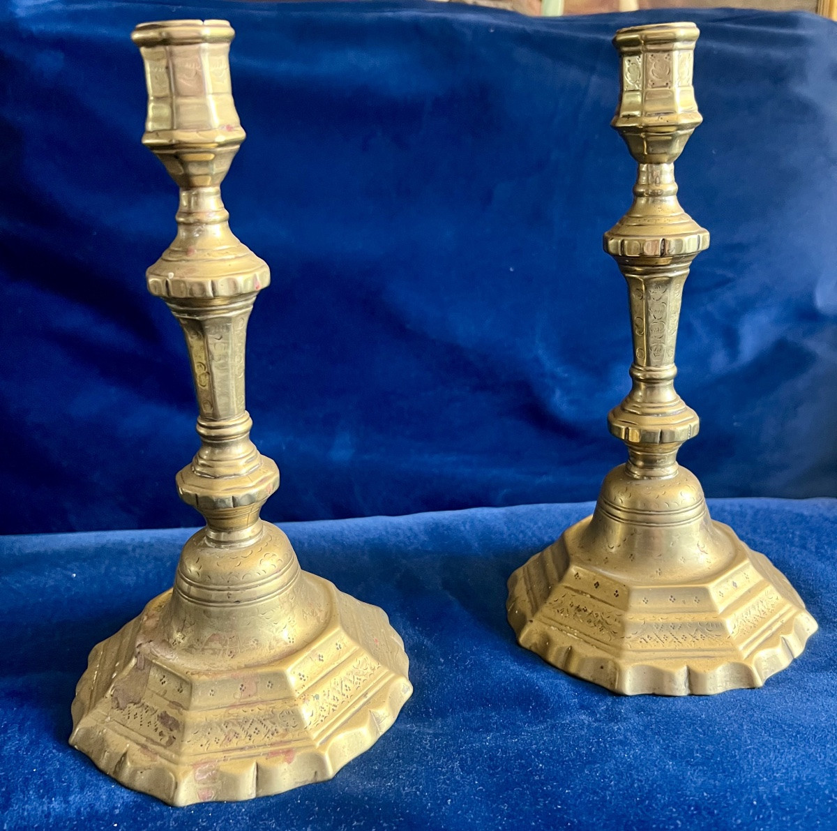 Paire de bougeoirs en bronze doré époque Louis XIV-photo-8